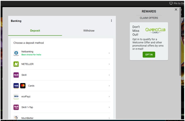Gaming Club Casino India- Bank