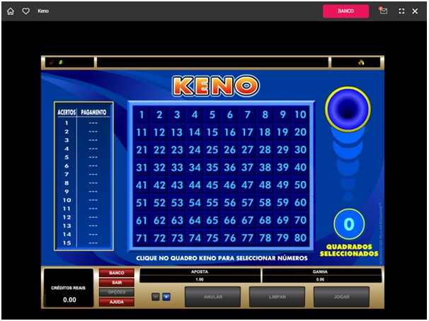 Standard keno at Spin Casino